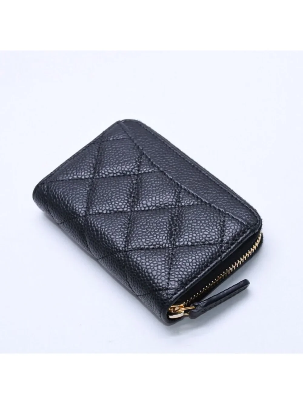 Chanel Classic Zip Coin Purse Quilted Caviar Leather Stand Black Wallet Card